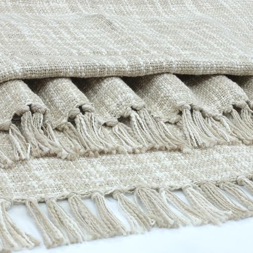 Image of HAKAM Cotton Throw Blanket with Macrame Tassels for 3 Seater Sofa | Ideal for Your Home, Living Room, Sofa, Bed, Chair, Picnic & Used for Gift - 50X70 inch (Beige, Small Single)