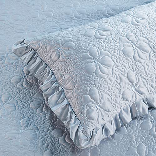 Home Soft Things 4 Piece Matte Satin Ruffle Quilted Bedspread Set 24" Drop Ruffled Style Bed Skirt Coverlets Lightweight Reversible Bedding Set Cover, King 78" X 80" + 24", Light Blue #TOP5