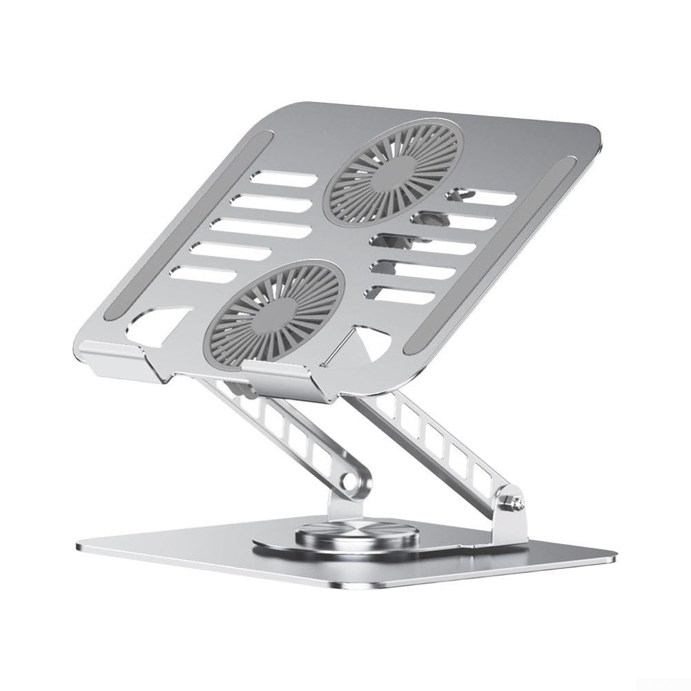 Supporto ergonomico a doppia ventola girevole a 360°, design di raffreddamento pieghevole, supporto per ventola da tavolo e tablet, altezza regolabile, postazione di lavoro portatile (argento)