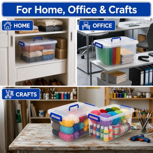 Image of Basicwise Clear Tote with Latching Lid - Stackable Plastic Organizer Bin, Durable Container for Home, Office, or Closet - Built-In Handles, Transparent Design, Modern Style, Large Capacity