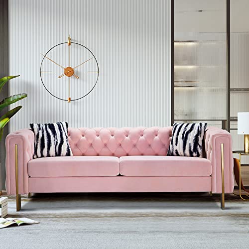 Dolonm Modern Velvet Sofa For Living Room, 84 Inches Long Tufted Couch Upholstered Sofa With 2 Pillows High Arm And Metal Legs Decor Furniture For Bedroom, Office (Pink) #TOP3