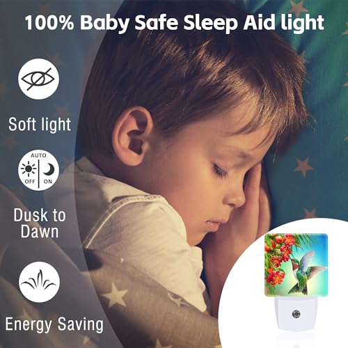 Image of Hummingbird with Flowers Night Light for Kids,Red Tropical Floral Leaves Hummingbird Night Light Plug in with Dusk to Dawn Sensor,0.5w Energy Saving Nightlight for Hallway Stairway Kitchen Bedroom