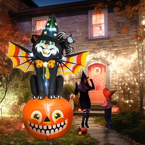10 Ft Giant Halloween Inflatables Decorations Outdoor Blow Up Pumpkin Cat with LED Lights Stakes Tethers Halloween Decorations Yard Garden Lawn Home Party Holiday Outside Decor Cover
