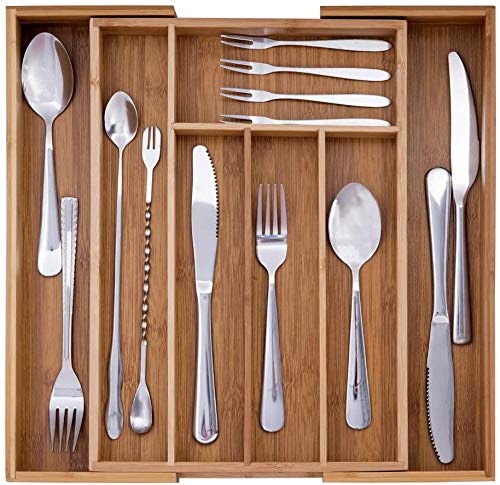 Bandejas Para Cubiertos Bambú, 5 a 7 Compartimentos Organizador de Cajones de Cocina, Bandeja Cubiertos Cajon, Se Extienden Hasta 14.3 x 13.9 Pulgadas
