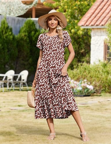 Image of Zeagoo Women Summer Midi A Line Dress Short Sleeve Casual Flowy Tiered Beach Long Sundress with Pockets 2026 Vacation Travel