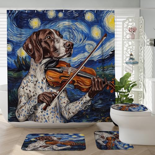 4PCS German Shorthaired Pointer Dog Bathroom Accessory Sets with Non-Slip Rug, U Shape and Toilet Lid Cover Mat, Oil Painting Violin Bathroom Fabric Decor-72''x72''