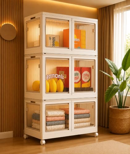 Image of 3 ๐๐๐๐ Plastic Rack for Storage Cabinet with Wheels | Multipurpose Shelf Storage Services Almirah Wardrobe for Clothes, Kitchen Cupboard | Plastic Organizer with Transparent Doors