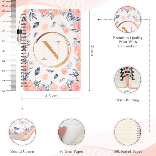 Image of Jhingalala Diaries - A5 Hardbound Floral Design Diary Cover With Initial Letter Wiro Notebook Diary With Dangler I Spiral Notebook With Planner and Calendar 2024 I 160 Undated Ruled Pages (Initial N)