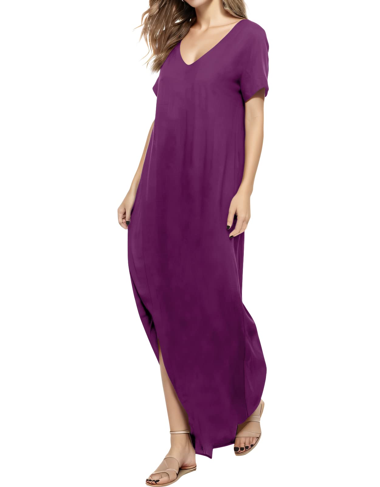 Match Abito lungo da donna con scollo a V, casual, a maniche corte, con spacco, con tasca laterale
