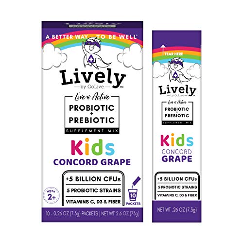 Lively (by GoLive) KIDS CONCORD GRAPE Synbiotic (Probiotics+Prebiotics); 5 Clinical Strains; +5 Billion CFUs. Probiotics & Prebiotics KIDS for Digestion, Metabolism, Immunity. (10 Packs)
