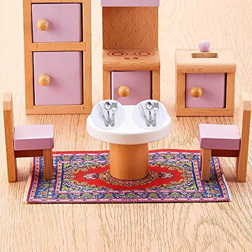 G0lden&Mang0 22Pcs Dollhouse Furniture Set, 112 Dollhouse Decoration 1Pc Wooden Dining Table and 4Pcs Chair, 1Pc Mini Carpet Turkey Rugs, 4Pcs Plates and 12Pcs Knives Forks Spoons for Kids Gift - Thumbnail 7