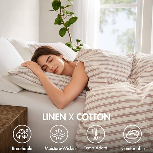 Image of Madison Park Linen Cotton Rayon Blend Duvet Cover Set, 3PC King | Striped Design, Lightweight & Breathable Bedding with Shams, Terracotta