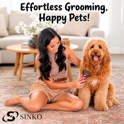 Image of Sinko Shedding Brush For Dog and Cat, Undercoat Rake with Extra Wide Double-Sided Stainless Teeth for Detangling, Deshedding, Brushing & Removing Shed Fur, Knots, Mats, and Tangles in Pets (Pink)