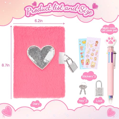 Image of Heart Diary with Lock, Gift for 8 9 10 Year Old Girl, Secret Diary Journal Notebook with Multicolored Pen, Stickers, Practical Gift for Birthday Easter