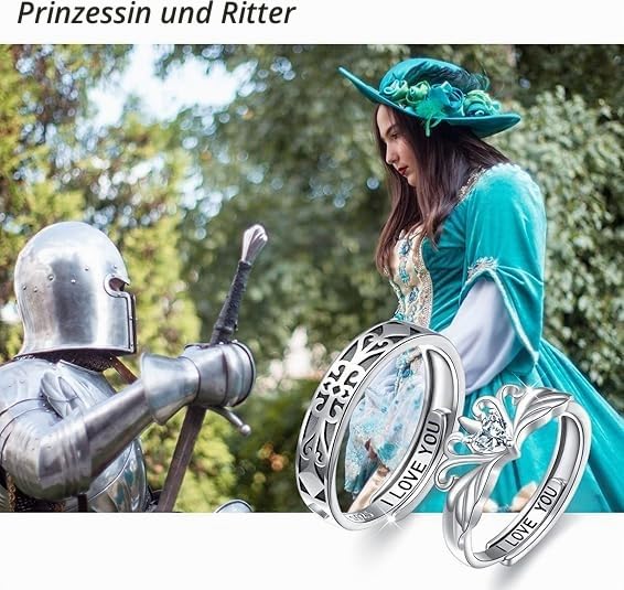 DAOCHONG Prinzessin und Ritter Versprechensringe für Paare Passende Ringsets 925 Sterlingsilber Ich liebe dich Verlobungsring für Sie und Ihn Ehering Verstellbare Paarringe