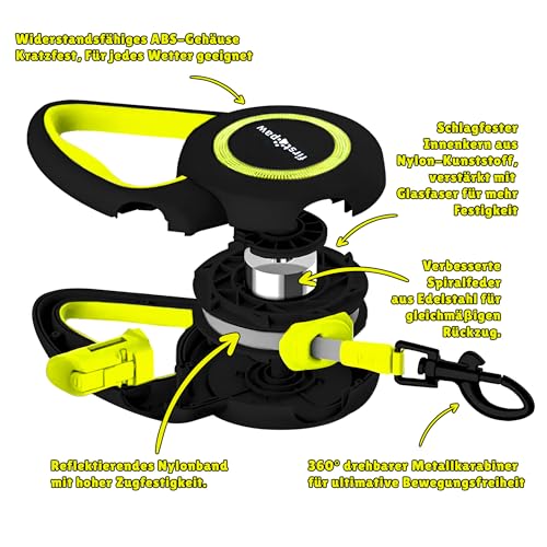 FirstPaw Rollleine Für Hunde bis 20 kg - Ausziehbar Hundeleine 5m, Reflektierendes Band, ergonomisches Design, bissfeste Materialien, leichtes Bremssystem, Zubehörring für Kotbeutel oder Taschenlampe