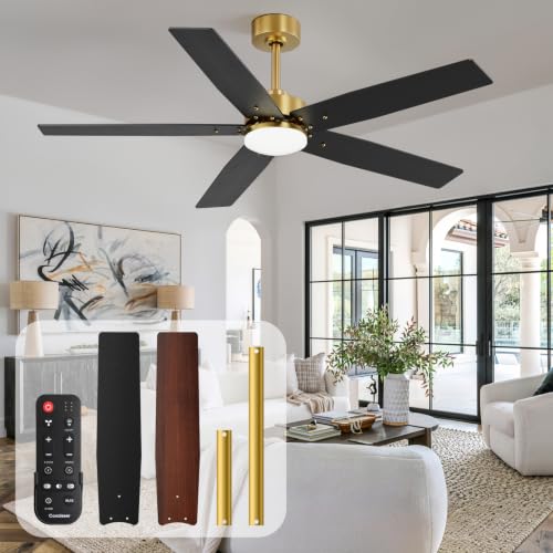 Image of 52 Inch Ceiling Fans with Lights and Remote for Bedroom Living Room Kitchen Home Office Indoor /Outdoor, 18W 3CCT Dimmable, Dual Color 5 Blades 6 Speed Reversible Quiet DC Motor, Gold /Wood Grain