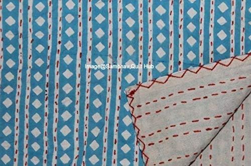 Indian Boho Kantha Hand Block Diamond Print Pure Cotton Bedspread Kantha Stitch Hippie Kantha Bed Spread Reversible Bedcover Throw Quilt (90X108 inch)