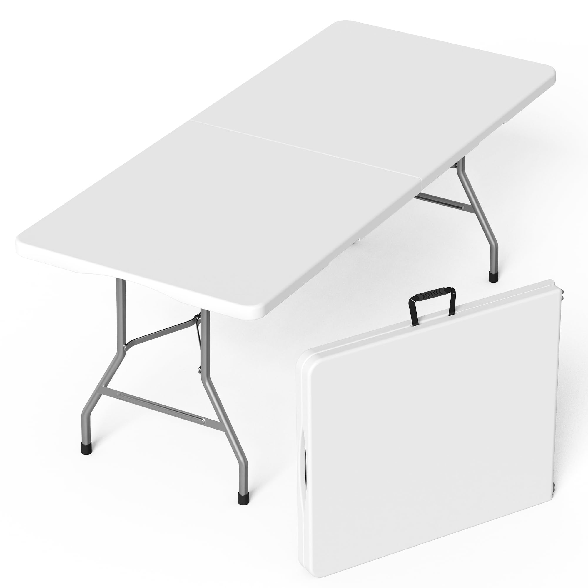 VSOAEIL Folding Table 6 Foot for Indoor Outdoor, Portable Heavy Duty Fold-in-Half Utility Plastic Foldable Dining Table with Carrying Handle for