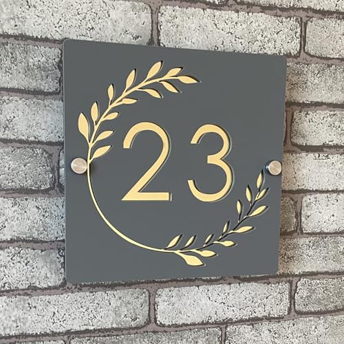 Plaque de numéro de maison personnalisable en acrylique 3D bicolore (gris sans fumée et doré) avec numéros flottants et guirlande, pour intérieur et extérieur, idéale pour maisons, hôtels,