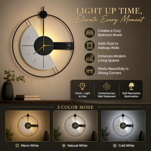 Image of Smartway Celestia 6 Watt LED Wall Lamp with Analog Clock | Modern Decorative Wall Light with 3 Color Modes | Stylish Wall Clock Light for Bedroom, Living Room, Hall & Bedside | 1-Year Warranty