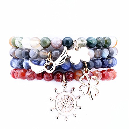 Gem Stone King 6mm Agate 7-7.5 Inch Stretchy Adjustable Stackable Bracelet with Charms Set of 4