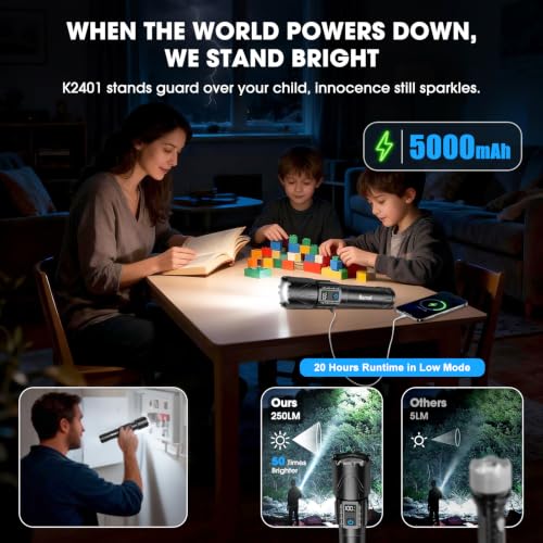 Image of Tactical Flashlight Super Bright High Lumens Rechargeable LED Flash Light | 5000ft Beam, 5000mah, 20H Long Lasting, USB C Charging, Zoomable 5 Modes, Waterproof for Camping Hiking Emergency Men Gift