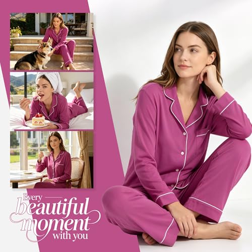 Image of HEARTNICE Womens Pajama Set, Soft Long Sleeve Pajamas & Long Pants with Pockets, Button-up Sleepwear Lounge Pjs