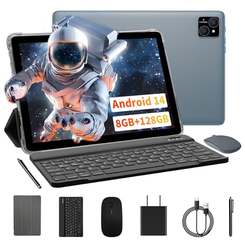 VASOUN Tablet de 10 pulgadas, Android 14 Tablet con funda de piel, teclado y ratón, lápiz...
