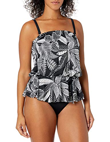 Maxine Of Hollywood Women's Scoop Neck Side Tie Tankini Swim Dress One Piece Swimsuit, Black//Linework, 8