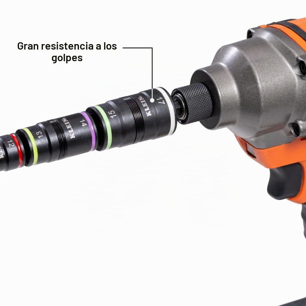 Klein Tools 32934M | Juego de vasos impact 8 en 1 métricos | Medidas 7 8 10 12 13 14 15 17 mm | Herramienta profesional para atornilladores de impacto