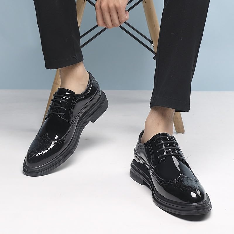Black Dress Shoes for Men Lace-up Dress Tuxedo Shoes Faux Patent Leather Oxford Dress Shoes(9)2