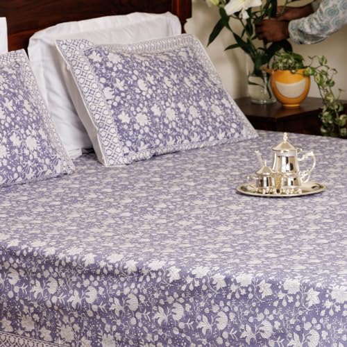 Image of ShamaBlue Premium Hand Block Printed Bedsheet | Bed Sheet Flatsheet | Pure Cotton | Double Bed King Size 108 inchx108 inch | 300 TC Bedsheets | Includes 2 Pillow Covers | Floral Design