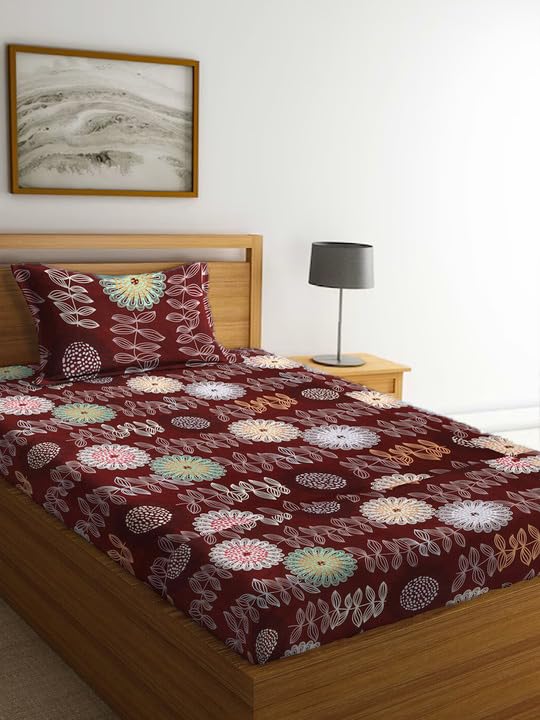 DECOMIZER Microfiber Soft Cotton Single Bed Bedsheet for Diwan Bed, Size 60 Inches X 90 Inches, 152 X 230 cm with 1 Large Size Pillow Covers Without Joint - Small Red Flower