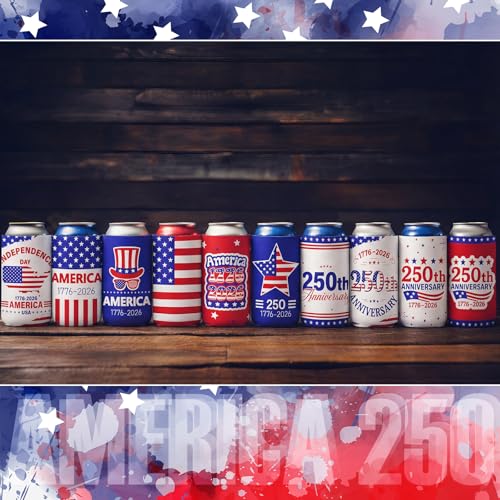 Image of Yungyan 12 Pcs 4th of July American Can Cooler Patriotic Sleeves 250th Anniversary for 1776-2026 Independence Day Red Blue USA Flag Accessories Memorial Day for Party Favors Decoration(Fashion Style)