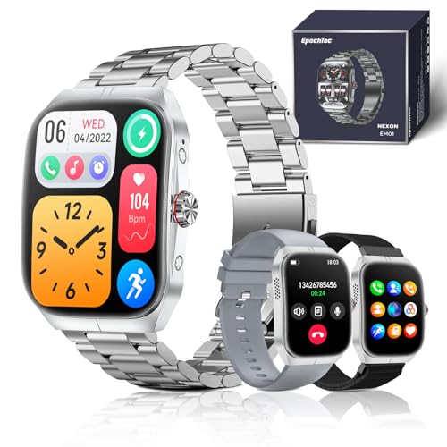 EpochTec Smart Watch für Männer und Frauen (Anrufe Beantworten/Machen),1.91' AMOLED Fitness-Tracker mit 100+ Sportmodi, Herzfrequenz-,Schlaf,Blut Sauerstoffmonitor (Silber)