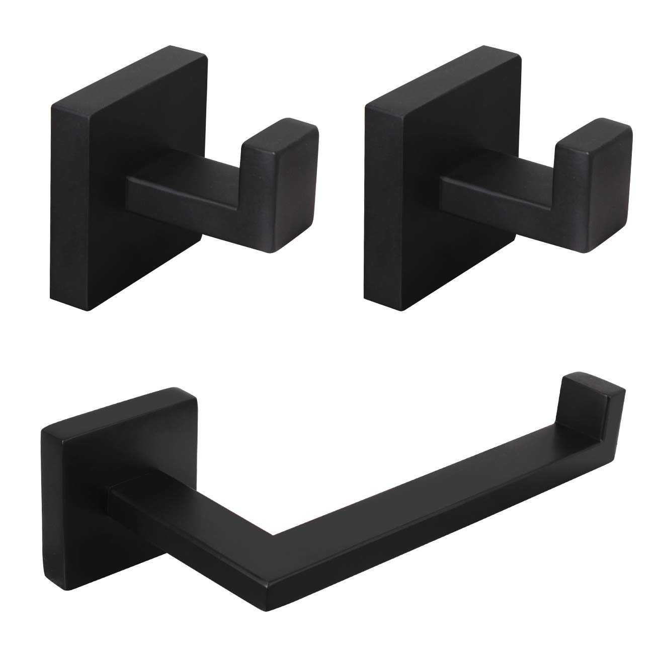 kimzcn Matte Black Bathroom Accessories Kit 3-Pieces Bathroom Hardware Set SUS 304 Stainless Steel Square Wall Mounted - Includes Toilet Paper Holder, 2X Robe Towel Hooks