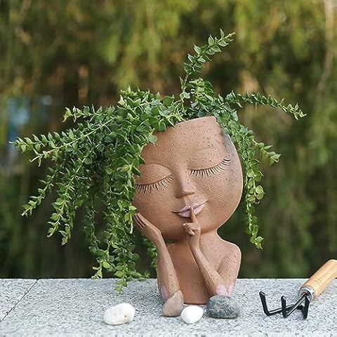 SunnyZoo Face Planter Pot Head Planter for Indoor Outdoor Plants Succulent Planters with Drainage Hole Cute Lady Face Plant Pots (Brown) Cover