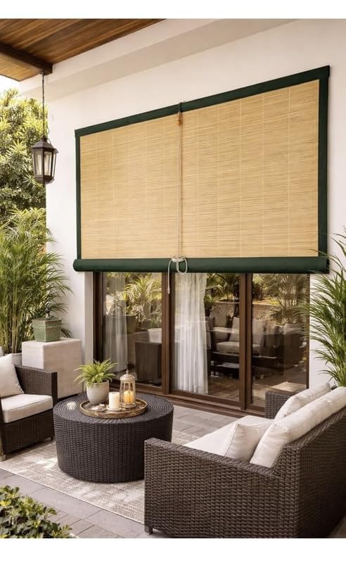 Image of BambooAura Natural Bamboo Roll-Up Window Shade Blind | Light Filtering Bamboo Chick Curtain | Eco-Friendly Sun Protection (4ft x 7ft - W x H) (Natural Beige with Dark Green Border, (4ft x5ft -W x H))