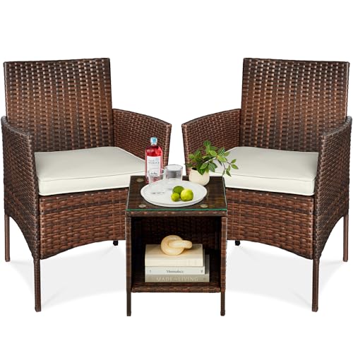 Best Choice Products 3-Piece Outdoor Wicker Conversation Bistro Set, Space Saving Patio Furniture for Garden w/Side Table - Brown/White Sand