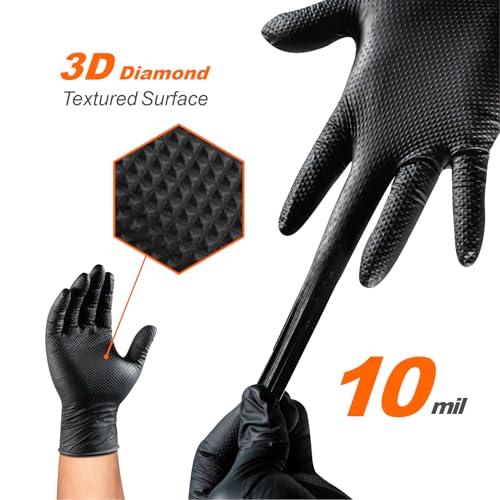 10mil Nitrile-Gloves Disposable-Black Chemical-Resistant Rubber - Mechanic Gloves Heavy Duty, Latex Free, Diamond Grip (500, Medium)