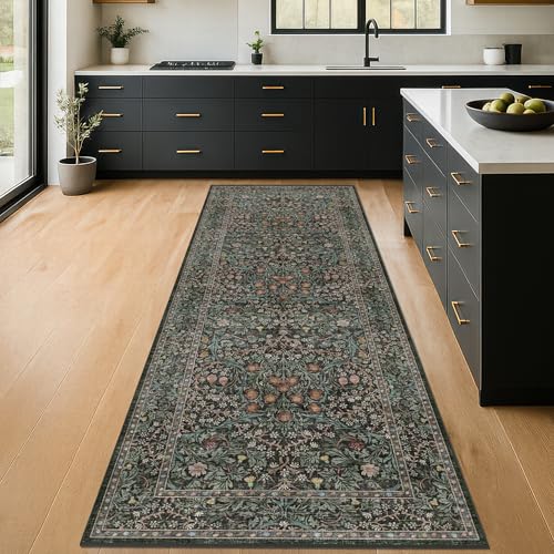 Non Slip 2x6 Kitchen Runner Rug Washable, Rubber Backed Hallway Runner Rugs, Boho Vintage Floral Botanical Dark Green Non Skid Carpet for Entryway, Bathroom, Hall Way Mats for Floor