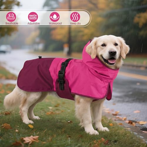 Image of BRKURLEG Dog Raincoat, Waterproof Rain Jacket with Hood, Rose Red, XXL