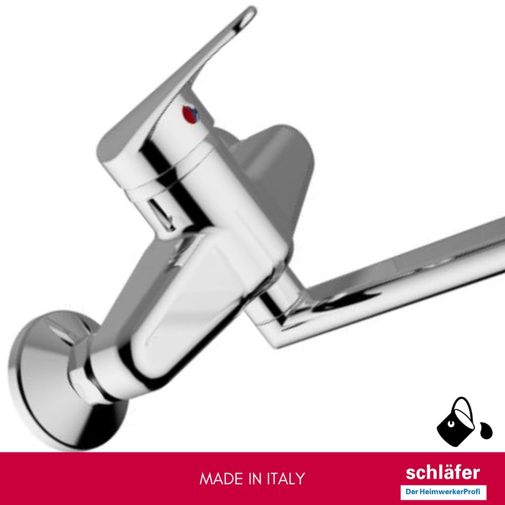 Schläfer 480110 | Miscelatore Lavello a Parete Start Cromo con canna girevole, Adatto la per Cucina, Bagno, Lavanderia, Rubinetto a Muro eccentrici a S - int. fori 15/17 cm