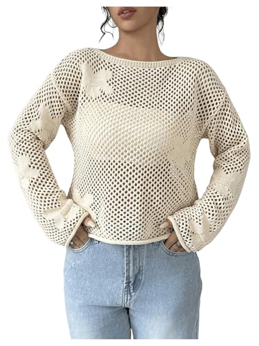 MakeMeChic Women's Floral Boat Neck Sheer Hollow Out Sweater Long Sleeve Pullover Top