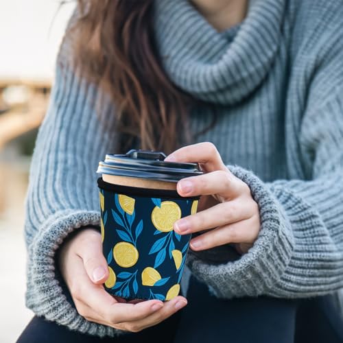Image of Reusable Insulated Sleeve for Iced Coffee Cup, 3-Pack Coffee Neoprene Drink Sleeve for Cold & Hot Drinks, Beverage Holder for Iced Coffee (Navy Lemons)