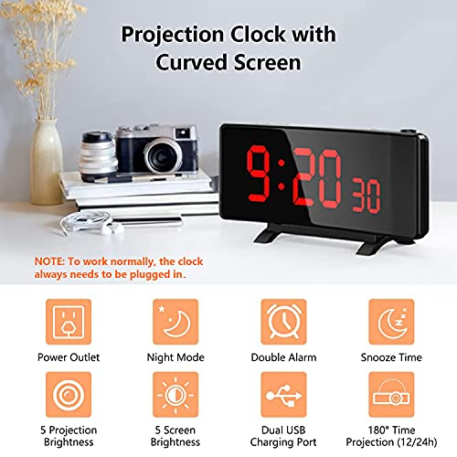 Peyou Projection Alarm Clock For Bedroom With [5 Dimmer], Digital Clock 7" Led Display, 2 Usb Chargers, 180° Rotable Projector, Snooze, Bedside Loud Dual Alarm Clock For Heavy Sleepers Adults Kids #TOP7