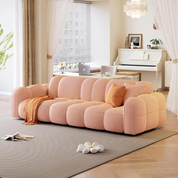 Image of CRAFTCITY Contemporary Wool Sofa with Swen Pillow Back for Living Room (Light Pink, 3 Seater)