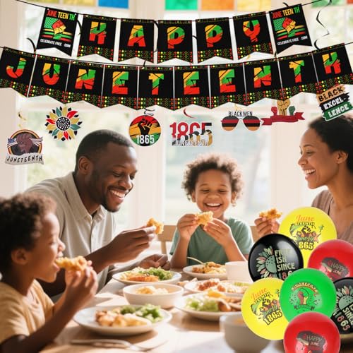 Image of Juneteenth Decorations Set, 20 Pack Small Juneteenth Flag Stick 5''x8'', Balloons, Banner, Backdrop, Hanging Swirls for Party