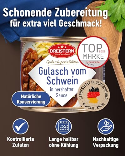 DREISTERN Schweinegulasch 500g I Mit pikanter Sauce I Herzhaftes Fertiggericht in recyclebarer Konservendose I Lange Haltbarkeit dank natürlicher Konservierung I Hausmacher Qualität